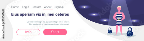 striped singlet athletic strong man standing dumbbells arena background fitness gym male cartoon character horizontal banner copy space full length flat