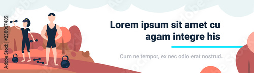 athletic strong couple standing dumbbells landscape background woman man fitness gym physical jerks cartoon character horizontal banner copy space full length flat