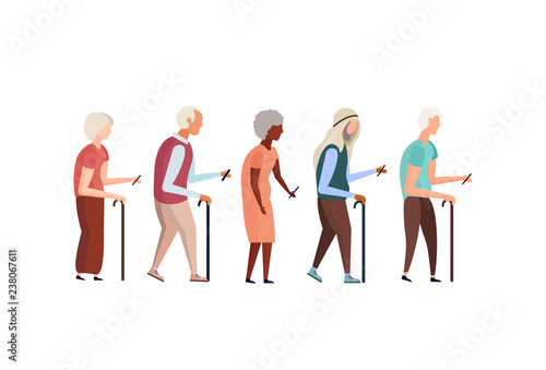 mix race old people walking stick using smartphone elderly grandfather grandmother group walk isolated cartoon character full length flat