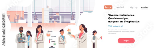 group scientists working laboratory doing research test tube dropper mix race team study chemicals experiments In modern lab flat copy space portrait banner