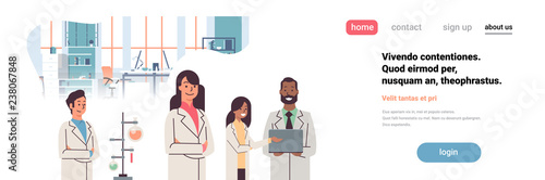 group scientists working laboratory doing research test tube dropper mix race team study chemicals experiments In modern lab flat copy space portrait banner