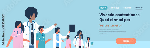 group doctors stethoscope hospital communication diverse mix race medical workers blue background flat portrait copy space banner
