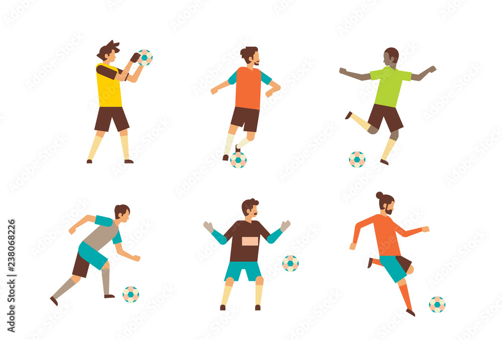 Fototapeta set football players kick ball diversity poses isolated sport championship flat full length character horizontal