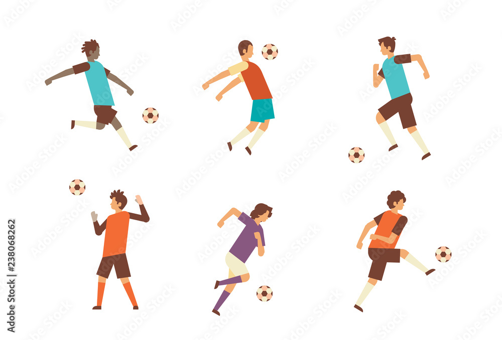 set football players kick ball diversity poses isolated sport championship flat full length character horizontal