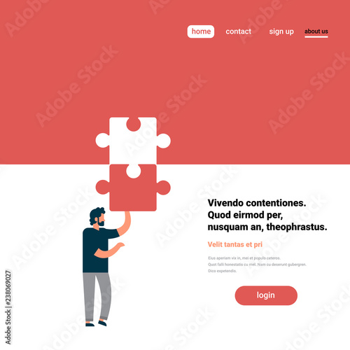 man putting parts of puzzle together male hardworking solve problem concept background flat copy space
