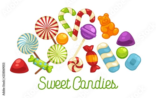 Candies and sweets poster of confectionery caramel hard candy and chocolate comfi