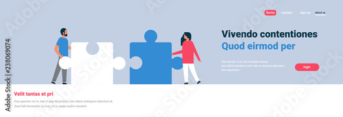 couple putting parts of puzzle together man woman team working concept gray background banner flat copy space