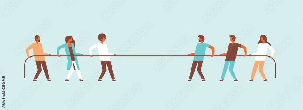 Pulling Against Rope tug of war people team pulling opposite ends of rope against each other ...