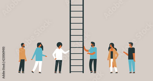 people group climbing career ladder way up new job opportunities teamwork progression concept flat horizontal