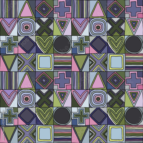 Geometric vector seamless pattern with different geometrical hand drawn forms. Square, triangle, rectangle, dots, circles. Modern techno design. Abstract background. Graphic colorful Illustration