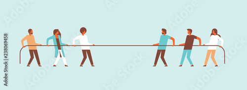 tug of war people team pulling opposite ends of rope against each other cartoon character man woman banner flat