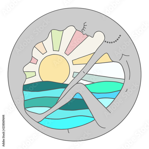 Vector colorful graphic illustration of hand drawn abstract psyhedelic woman in the round frame with sun and sea.