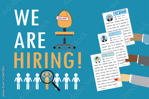 Sign vacancy on chair and inscription we're hiring,Hiring and Recruiting Concept,Work Desk