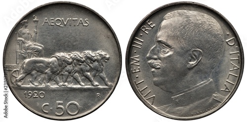 Italy Italian coin 50 fifty centesimi 1920, allegoric female in toga holding torch on chariot pulled by four lions, head of King Vittorio Emanuele III left