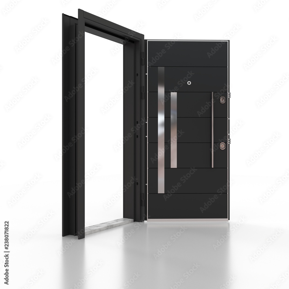 Metal door chrome and black . 3D rendering. 3D illustration Metal door chrome and black . 3D rendering. 3D illustration