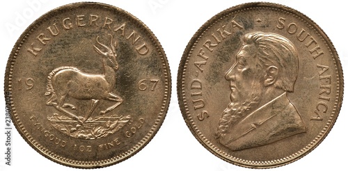 South African Republic golden coin 1 one kugerrand 1967, springbok right divides date, bust of Paul Kruger,
