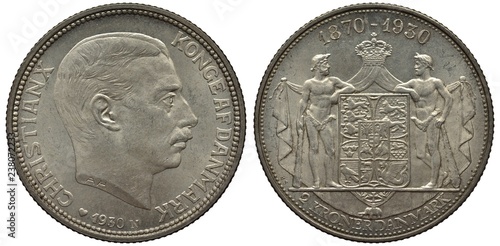 Denmark Danish silver coin 2 two kroner 1930, subject King’s 60th Birthday, head of Christian X right, two giants supporting shield with royal arms in front of crowned mantle, dates at top, 