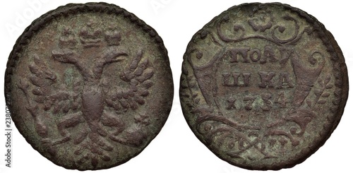 Tableau sur toile Russia Russian copper coin polushka (quarter kopek) 1734, ruler Empress Anna Ioa