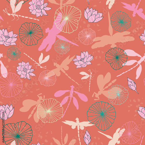 Dragonglies flying over a waterlily pond in an abstract colorful style. Vector seamless pattern background.