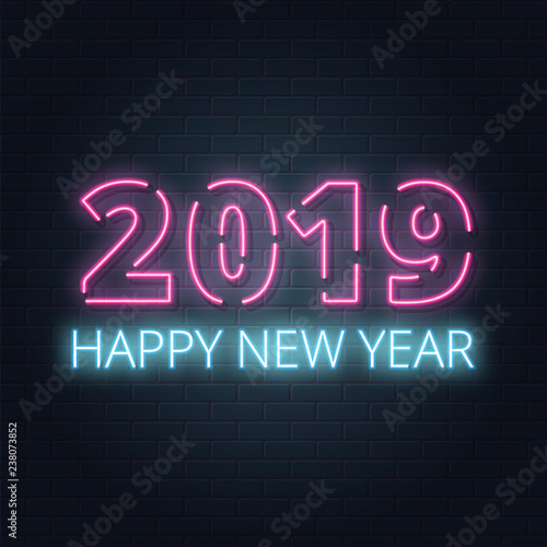Greeting card  invitation with happy New year 2019.Christmas lettering in Neon style on brick background. Blue and Purple neon colors. Hand drawn lettering. Vector illustration