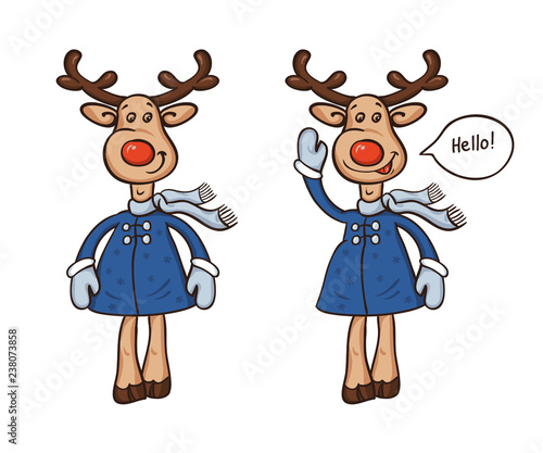 Two deer in a coat and a scarf Cartoon isolated On White Background