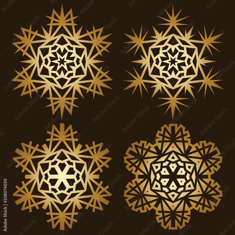 Snowflakes collection isolated on dark background. Flat line snow icons, snow flakes silhouette. Snowflakes collection isolated on dark background. Flat line snow icons, snow flakes silhouette.