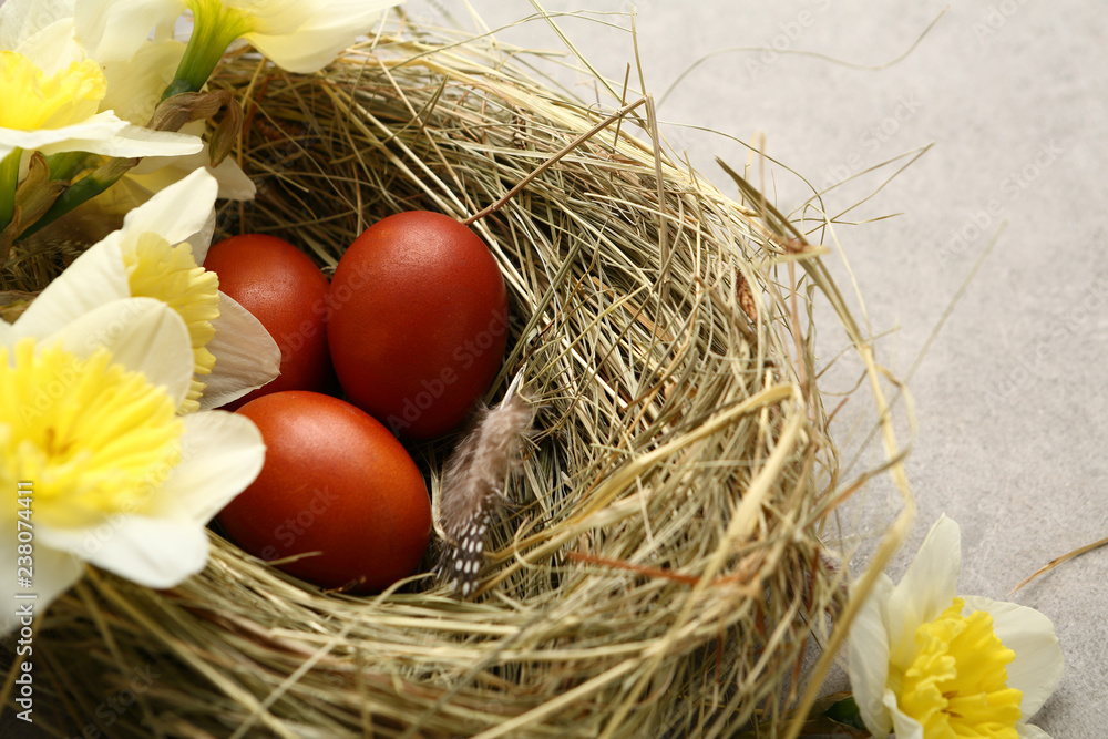 Obraz premium Easter eggs on hay