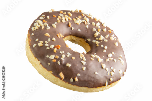Chocolate donut with nut crumb on a white background. Isolated Donut.