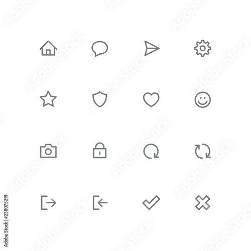 Bold outline icon set - home, chat, airplane, gear, star, shield, heart, smile face, photo camera, lock, check mark, cross, login, logout and refresh symbol. Internet and social network vector signs.