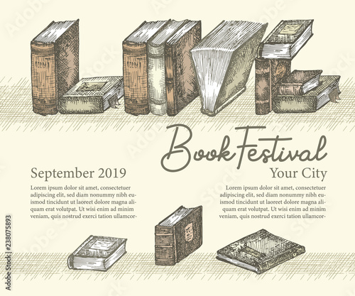 Poster with hand drawing sketch books. Concept vintage design for fair or festival flyer, paper, banner, school library retro poster, bookshop advertising in engraving style