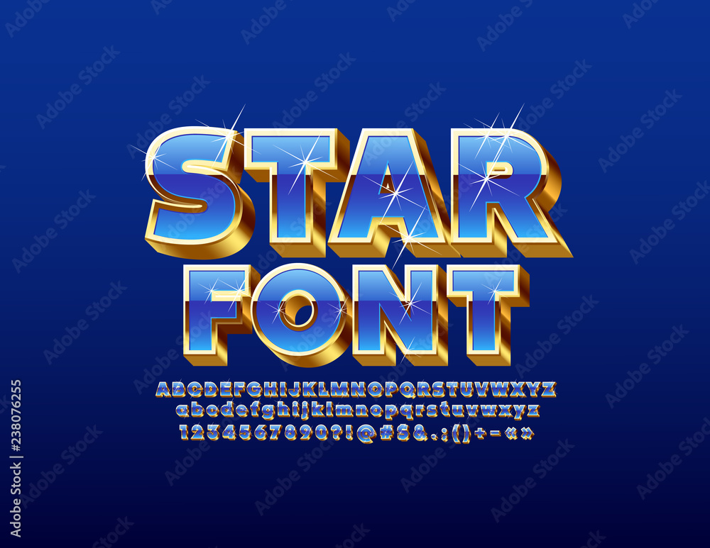 Blue and Gold 3D Font with sparkling Stars. Set of chic Alphabet Letters, Numbers and Symbols.