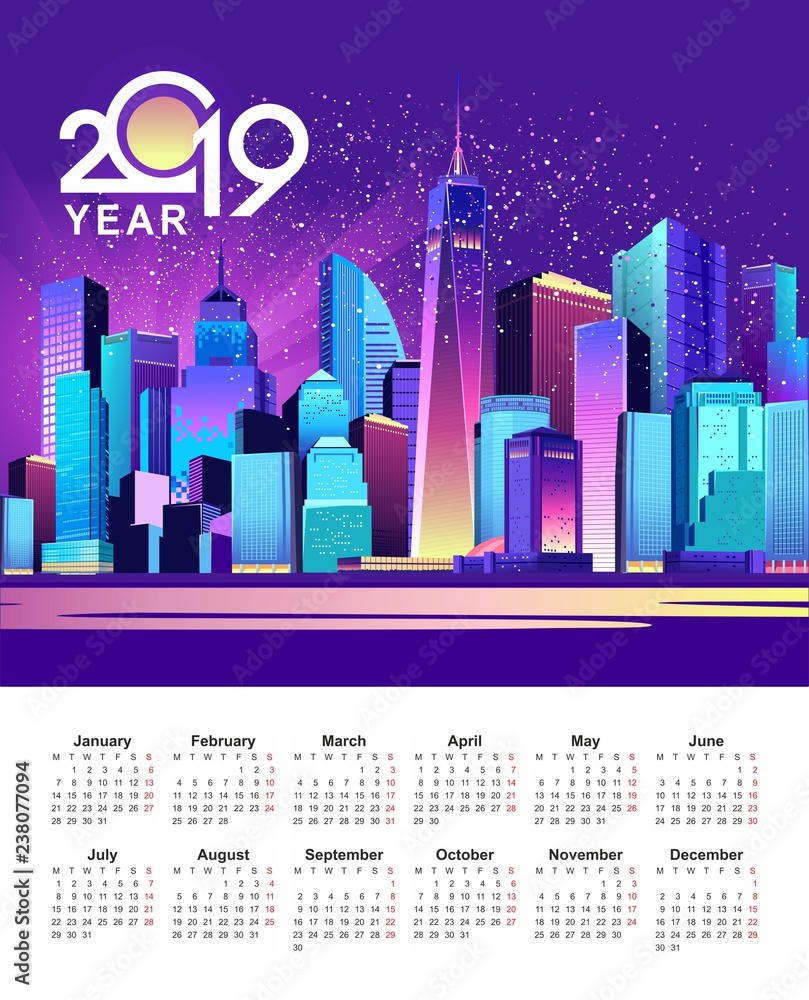Naklejka premium 2019 calendar night city
