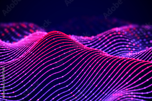 3D Sound waves with color dots. Big data abstract visualization. Digital concept: virtual landscape. Futuristic background. Neon sound waves, visual audio equalizer, EPS 10 vector illustration.