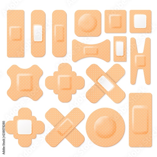 Set of realistic adhesive elastic bandage. Vector collection of first aid band plaster strip, medical plaster.