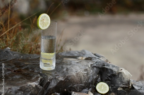 Un vaso de limonada sobre una roca, rodajas de limon