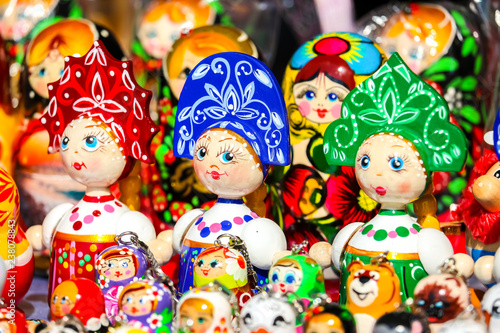 Traditional handicraft wooden souvenirs at street gift store near complex "City of Craftsmen" on the banks of the Volga River, Gorodets, Russia.