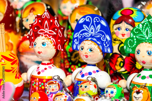 Traditional handicraft wooden souvenirs at street gift store near complex "City of Craftsmen" on the banks of the Volga River, Gorodets, Russia.