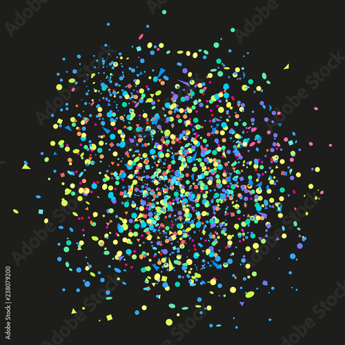 Confetti on isolated background. Texture with many glitters. Holiday elements on black. Pattern for flyers, banners and textiles. Greeting cards