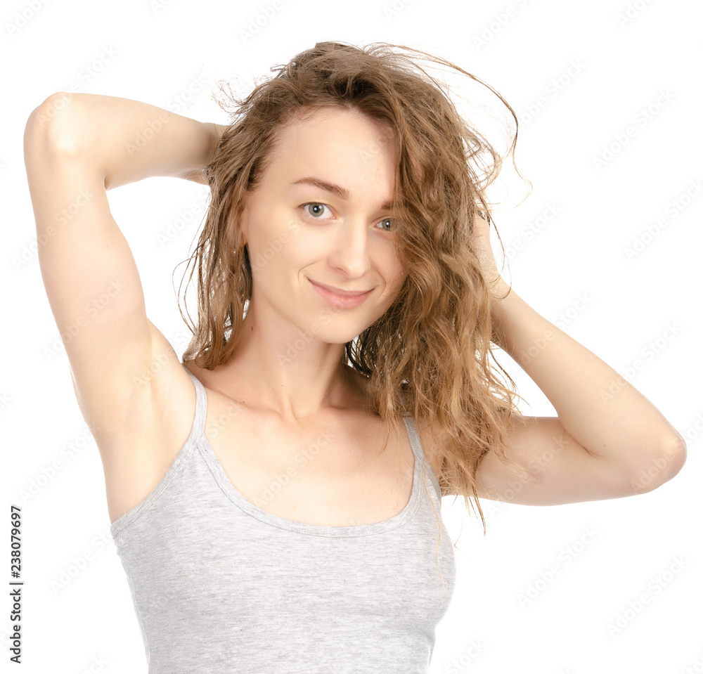 Beautiful woman beauty fashion curly wet hair naturalness on white background isolation Beautiful woman beauty fashion curly wet hair naturalness on white background isolation