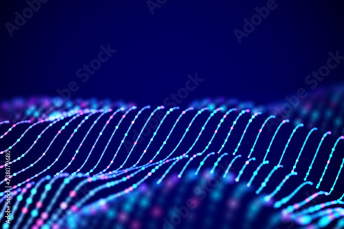 3D Sound waves with color dots. Big data abstract visualization. Digital concept: virtual landscape. Futuristic background. Blue-pink sound waves, visual audio equalizer, EPS 10 vector illustration.