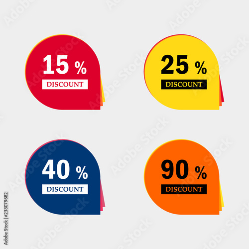 Sale discount icons. Special offer price signs. 15, 25, 40 and 90 percent off reduction symbols