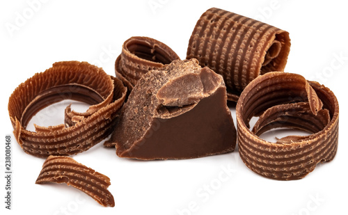 hocolate shavings and chocolate pieces isolated on white background photo