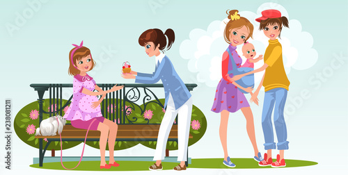 Cartoon pregnant woman with lesbian lover in park