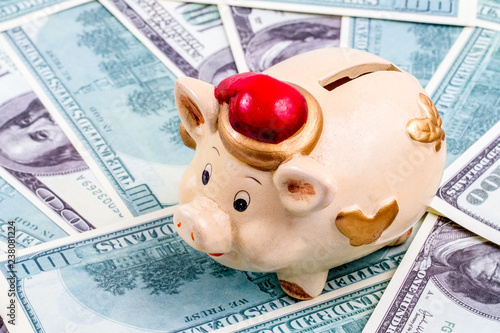 Piggy with santa hat on dollar bills background. Concept of piggy as symbol of upcoming new year.