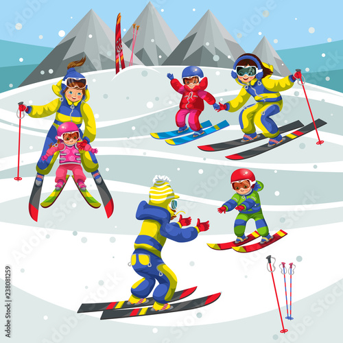 Cartoon little children learning to skiing in mountains
