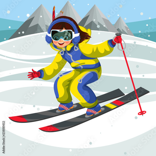 Cartoon girl skiing fast from snowy hill