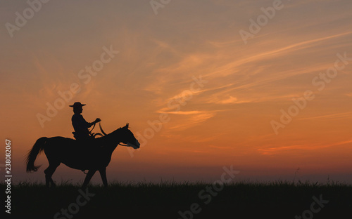 Cowboy in hat riding horse on colorful cloudy sky at sunset. Silhouette of  cowboy travel in wild west mountain like western film background © Max
