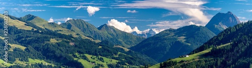panorama of mountains with mountain pastures in front of Mt. Schneekopf
