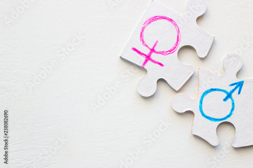 male and female gender symbol on white background with space for text