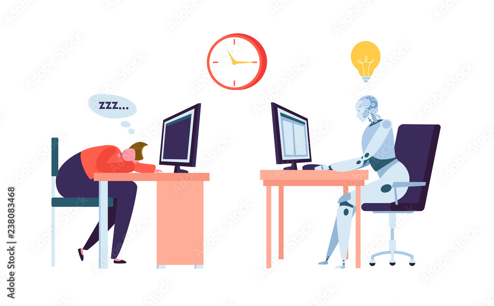 Robot Work while Businessman Sleeps. Human and Droid Competition at Office. Robotic Character Worker Future Evolution. Flat Cartoon Vector Illustration Robot Work while Businessman Sleeps. Human and Droid Competition at Office. Robotic Character Worker Future Evolution. Flat Cartoon Vector Illustration